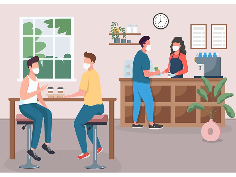 Coffee shop during pandemic flat color vector illustration