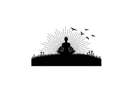 Serene silhouette of a person meditating in nature with birds flying by