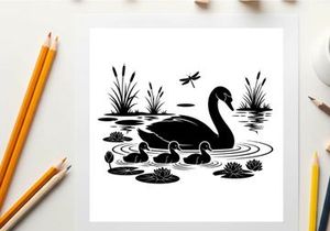 Mother swan and cygnets in pond with silhouette