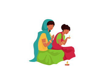Indian woman praying flat color vector faceless character preview picture