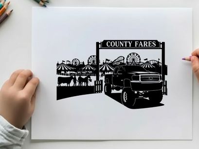 Silhouette of a truck at county fares fairground with ferris wheel and animals