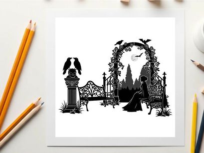 Silhouette of woman sitting by ornate gate with eagle and trees