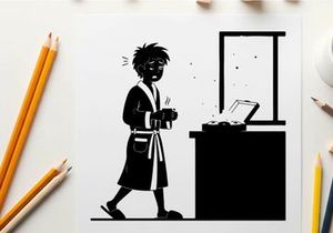 Silhouette of a boy walking past a desk with a laptop