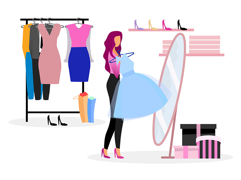 Choosing clothes in wardrobe flat illustration
