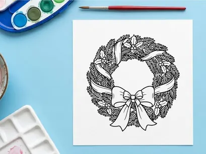 Christmas wreath line art illustration with pine branches and a decorative festive bow