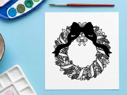 Hand drawn Christmas wreath illustration with red ribbon bow and festive pine branches
