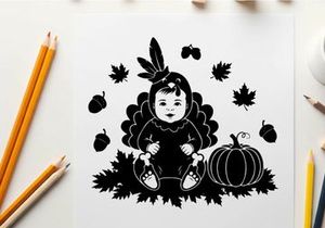 Native american child silhouette in autumn leaves and pumpkin