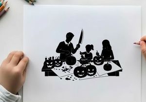 Family carving jack o lanterns in silhouette on halloween night