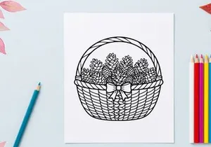 Line art illustration of a basket filled with pine cones
