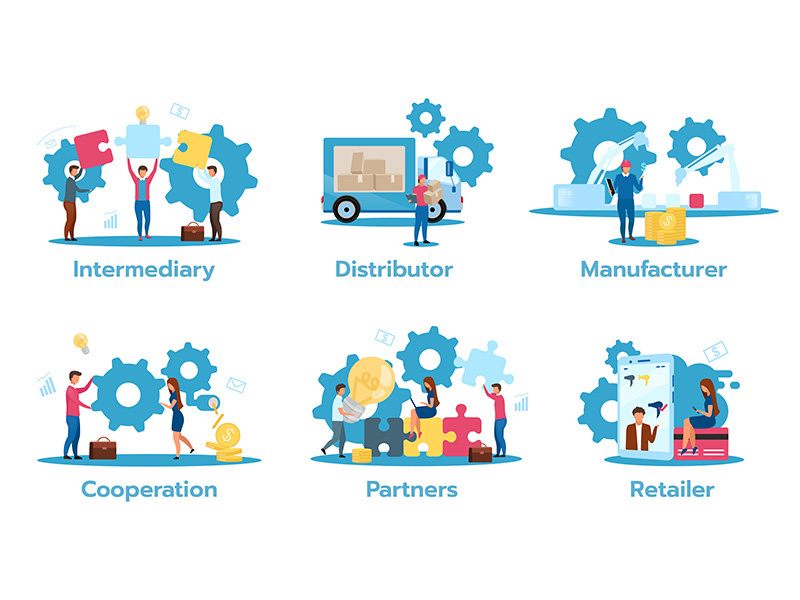 Business model flat vector illustrations set. Intermediary