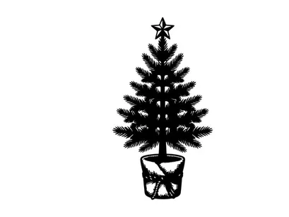 Christmas tree in a pot with a star topper, black and white hand drawn illustration.