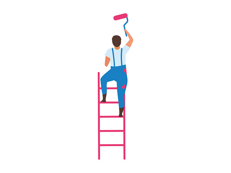 Man standing on ladder with paint roller with semi flat color vector character