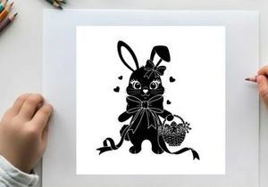 Adorable silhouette bunny with bow and basket silhouette