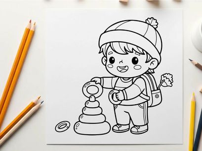 Cute boy playing with toy blocks vector illustration