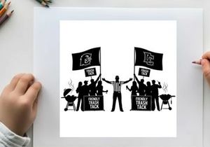 Silhouette of people holding michigan tech flags and grilling