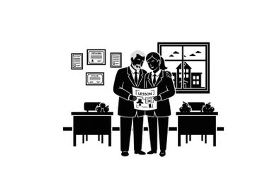 Business colleagues in office looking at newspaper silhouette preview picture