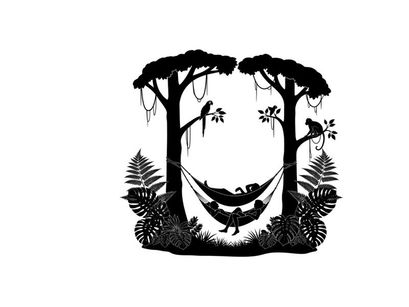 Serene silhouette of a person resting in a hammock between trees