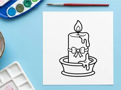 Icono de arte lineal de vela encendida. Vela decorativa con moño para celebración de festividades.