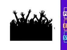 Silhouette of a crowd of people with raised hands in a celebratory gesture