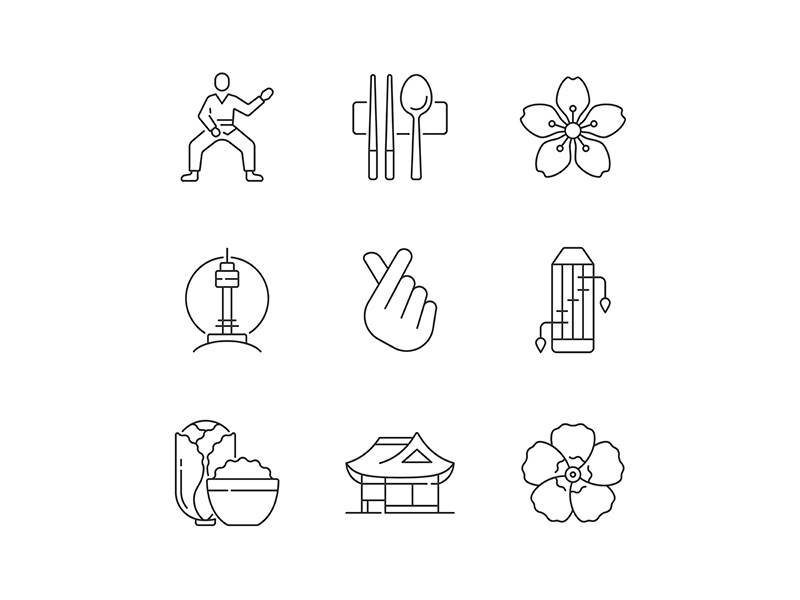 Korean culture linear icons set