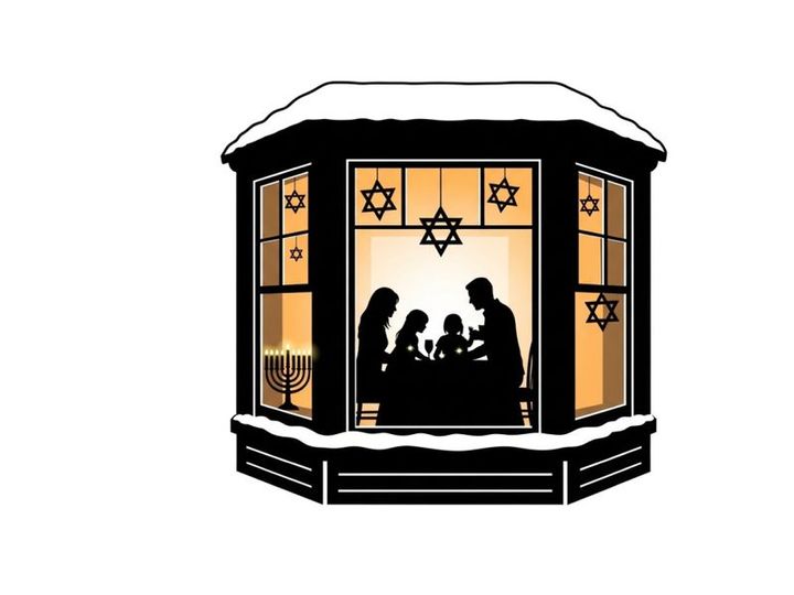 A silhouette of a family celebrating hanukkah in a cozy snow covered house