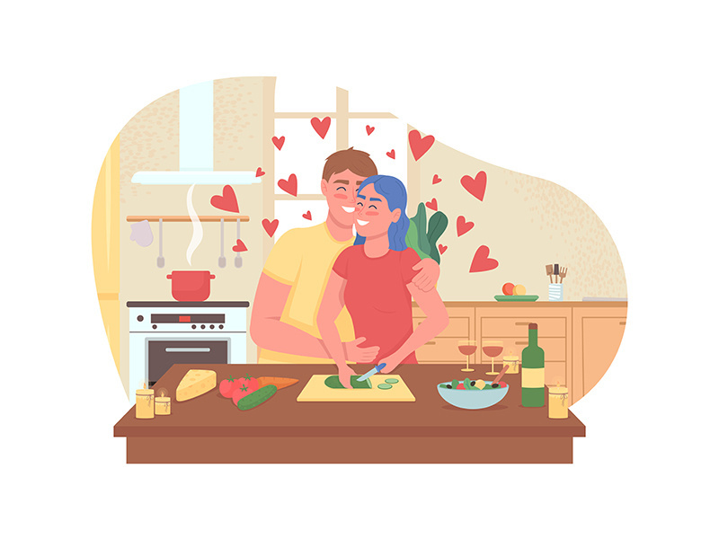 Couple cooking romantic dinner 2D vector web banner, poster