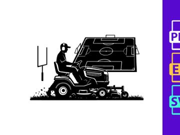 Man on a riding lawn mower with a football field diagram on a screen preview picture