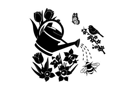Silhouette of watering can and flowers with birds and insects