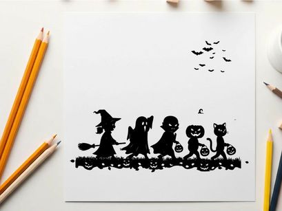 Halloween silhouette of children in costume walking together outside
