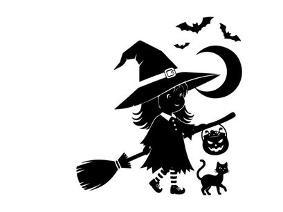 Little witch silhouette with broom cat and pumpkins on halloween night