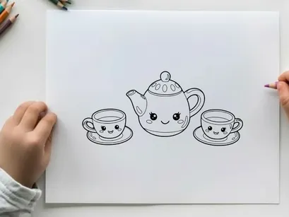 Cute teapot and cups set smiling vector illustration