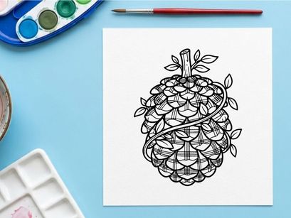Detailed pine cone illustration for nature and botanical projects. Artistic botanical drawing of a pine cone with leaves and intricate line work.