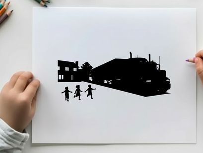 Silhouette of children playing near a train and buildings