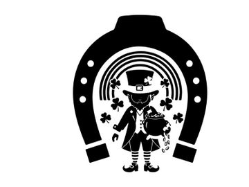 Leprechaun silhouette standing in horseshoe with rainbow and clovers preview picture