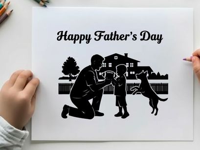 Silhouette of happy father's day scene with family and dog