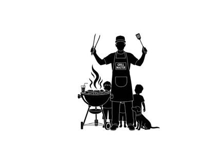 Silhouette of a man grilling with kids on a sunny day silhouette