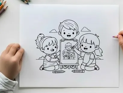 Children sharing family photo album vector illustration flat design