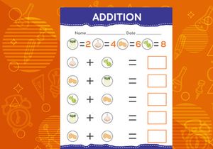 Addition with different fruits for kids. An educational worksheet for kids. Vector design