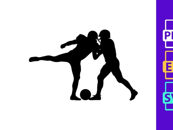 Two soccer players in action kicking ball in mid play