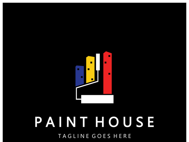 logo icon illustration house paint with a blend of brushes and rollers for house wall paint design, minimalist house, painting, interior, building, property business, wallpaper, vector concept