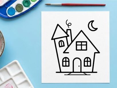 Hand-drawn minimalist house sketch with chimney and moon. Simple line art home illustration for real estate or architecture design.