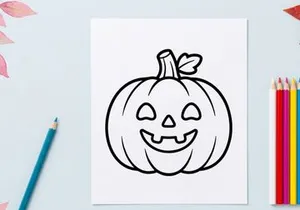 Hand-drawn Halloween jack-o-lantern smiling with triangle eyes. Cute cartoon pumpkin face illustration for festive autumn decor.