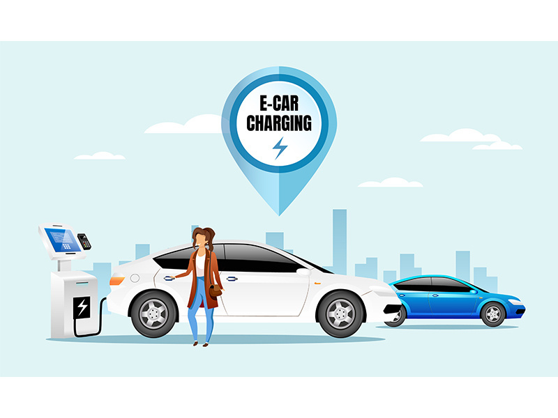 E car charging station flat color vector illustration