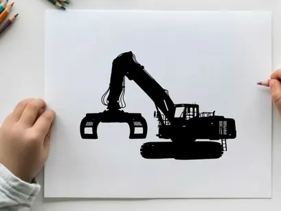 Silhouette of a large excavator machine in profile view