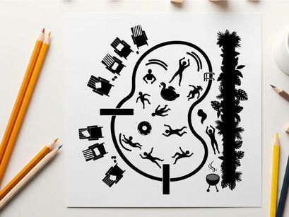 Silhouette of a face with various human and object silhouettes