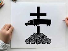 Silhouette of a truck and cross with skulls