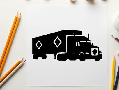 Black silhouette of a large truck with trailer and diamond shapes