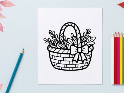 Hand-drawn Halloween gift basket with floral ribbon. Spooky season wicker container illustration for festive decor and party favors.