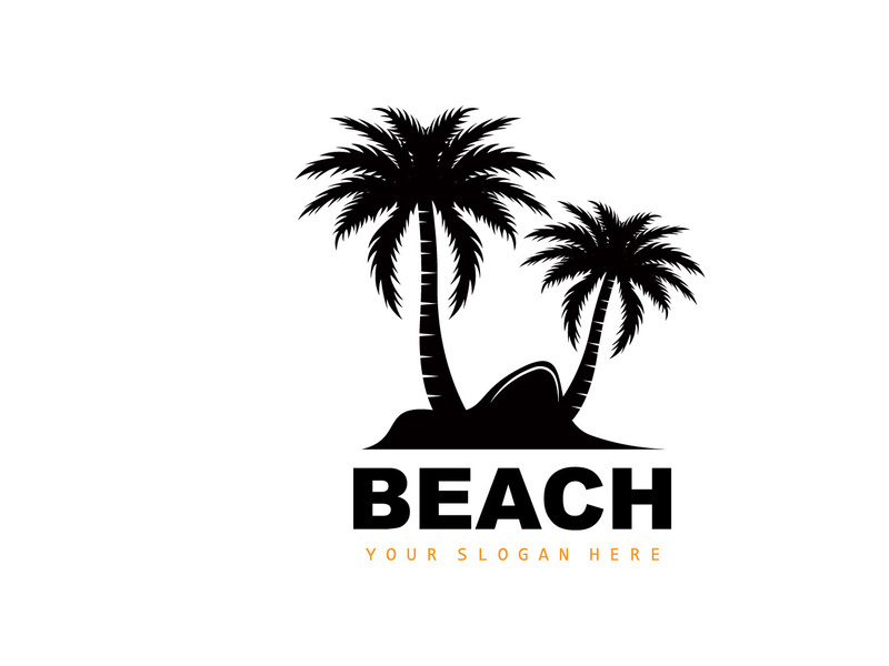 Coconut Tree Logo With Beach Atmosphere, Beach Plant Vector, Sunset View Design