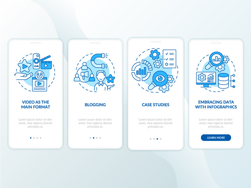 Content marketing trends blue onboarding mobile app screen